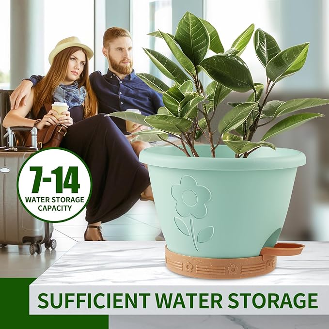Plant Pots, Flower Pots for Indoor/Outdoor Plants, Self Watering Plastic Planters Pots with Drainage Holes, Saucer & Reservoir, Decorative Nursery Planting Pots(10 Inch Set of 4)