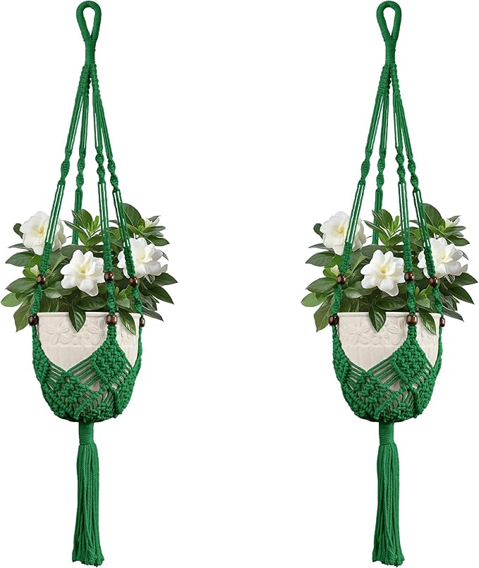 USLAI Macrame Plant Hanger Indoor Outdoor, Fits 3 to 6.5 inch Pots, Hanging Planter Holder with Beads and Tassels, Boho Home Decor, 35+35 Inch, Green (POTS NOT Included)