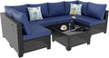 7 Pieces Outdoor Patio Furniture Set, Outdoor Wicker Sectional with Thick Cushions for Garden and Backyard (Brown/Deep Blue)