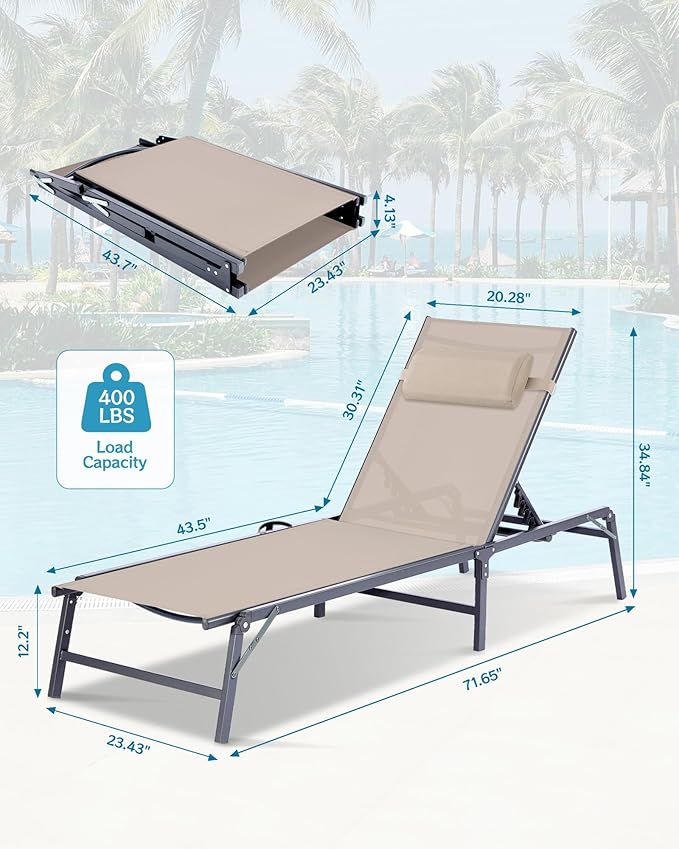 Foldable Chaise Lounge Chair with Cup Holder, Assemble-Free Outdoor Lounge Chair with Detachable Pillow and 6 Adjustable Backrest, Patio Lounge Chair for Outside Poolside Beach Pool, Khaki