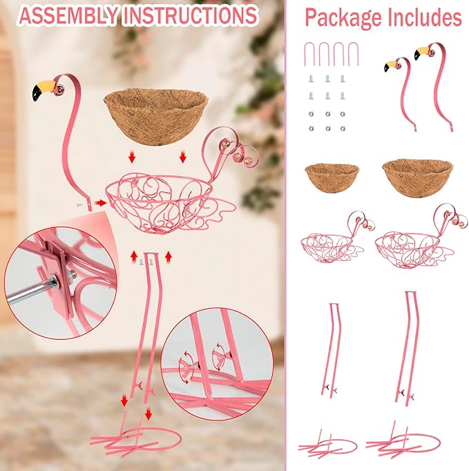 Set of 2 Pink Flamingo Outdoor Planters with Basket, Metal Flamingo Planter for Indoor Outdoor Garden Yard Decor