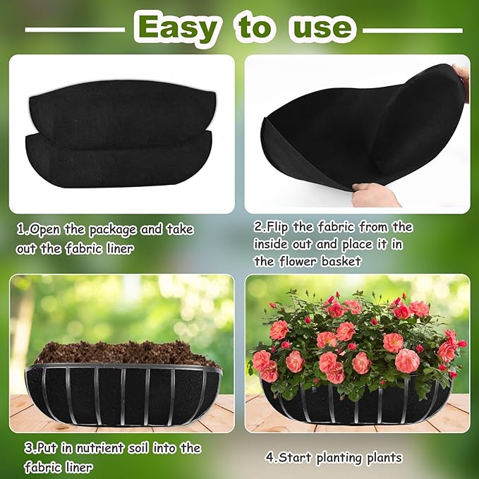 2PCS 30Inch Upgraded Planter Basket Liners Fabric Window Box Liners Felt Trough Planter Black Flower Basket Liner Non-Woven Hanging Plant Liner for Planters Garden Fence - Avoid Bird Nesting