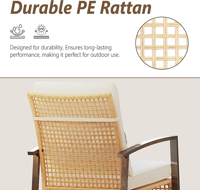 3 Piece Patio Rocking Chairs Set of 2, Outdoor Rocking Chair Bistro Set with Tempered Glass Coffee Table and Thick Lumbar Pillow Set, Front Porch Chairs for Garden, Backyard (Basic)