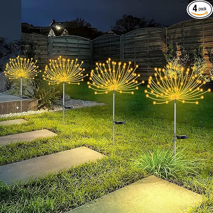 4 PCS Solar Firework Light, Outdoor Solar Garden Decorative Lights 120 LED Powered 40 Copper Wires String DIY Landscape Light for Walkway Pathway Backyard Christmas Decoration Parties (Warm White)