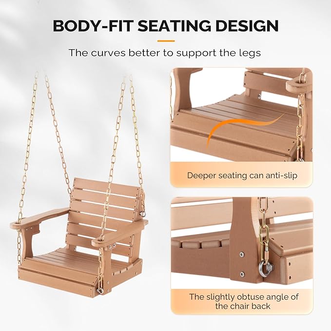 VINGLI Heavy Duty 880 LBS HDPE Porch Swing Outdoor with Rotatable Cup Holder, with Adjustable Chains, 1 Person Hanging Porch Swing Chair for Porch, Yard, Tree, Garden - Teak