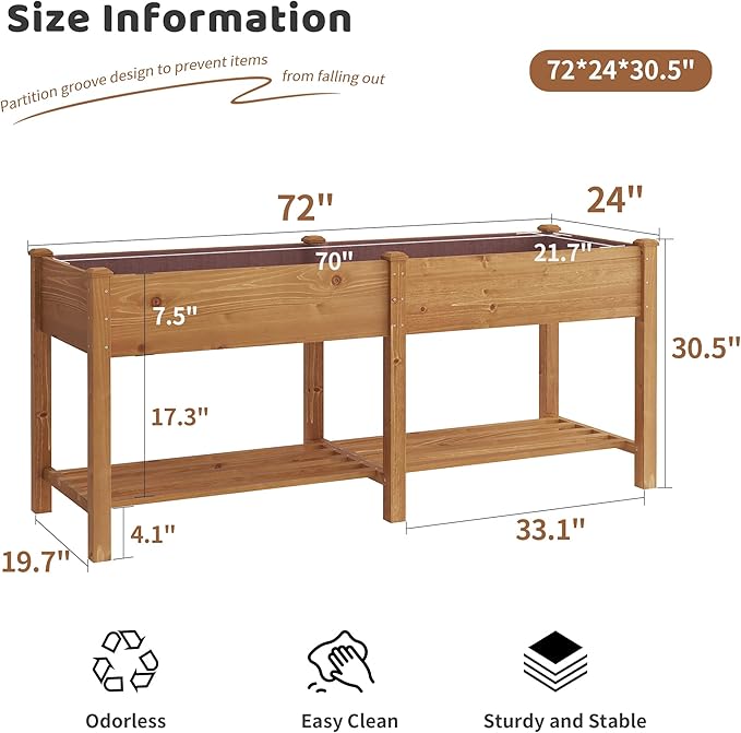 FILWH Raised Garden Bed with Legs Elevated Wooden Planter Box Stand Large Planter Stand Box for Fruits Vegetables Flowers with Divider with Bag- 72 * 24 * 30.5IN（Brown）