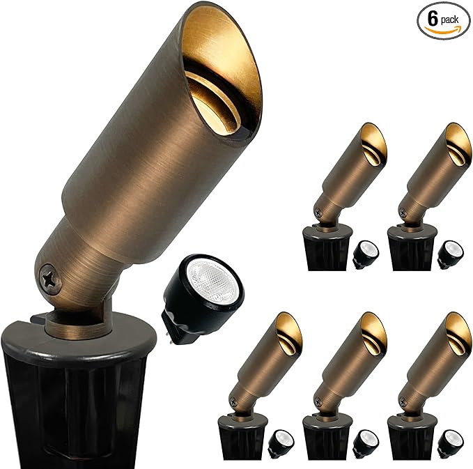 GKOLED 6 Pack Mini Size Brass Landscape Spotlight, Low Voltage 12V AC/DC Outdoor Directional Up Light, 180 LM, 3W MR8 LED Bulb ABS Ground Stake, 2700K Warm White, Garden Patio Trees Spot Uplight