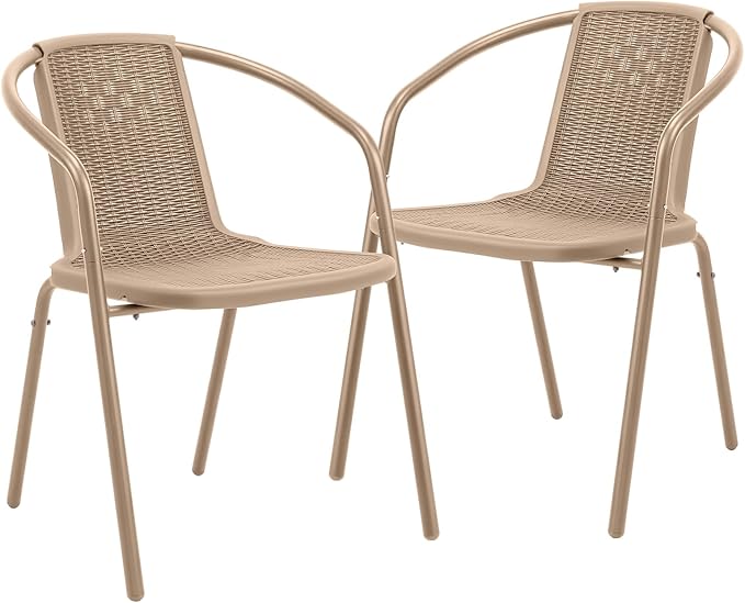 VINGLI PE Rattan Outdoor Dining Chairs Set of 2, Plastic Stackable Patio Chairs for Indoor, Porch, Restaurant, Garden,Champagne