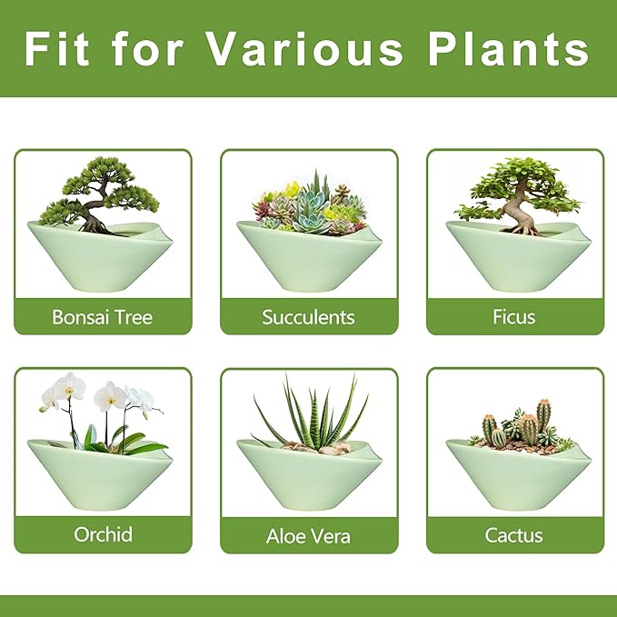 Ceramic Bonsai Pots - Large Succulent Planter 13 Inch Plant Pot Indoor Succulent Pot with Drainage Hole Outdoor Planter Bonsai Tree Pot for House Home Garden Office Decor Green