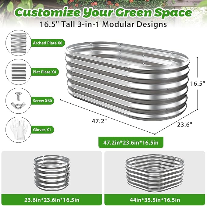 17" Tall Outdoor Garden Raised Garden Bed Kits, 4ft X 2ft Oval,0.8MM Thick Metal Raised Planter Bed/Ground Planter Box for Variety of Flowers,Herbs,Vegetables (Silver, 48X24X16.5 Inches)