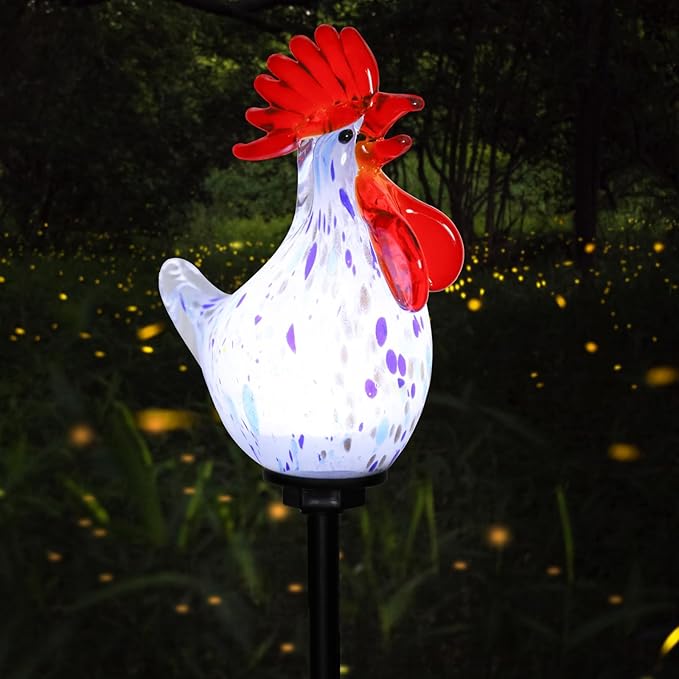 Afirst Decorative Solar Lights Outdoor Solar Rooster Stake Lights Hand Blown Glass Decorative Garden Pathway Lights Outdoor Waterproof Glass Stakes