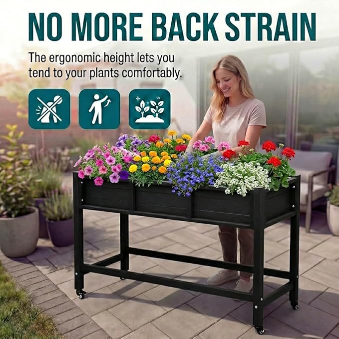 YITAHOME Raised Garden Bed HDPE, 47x18x31 in Raised Planter Box with Legs Poly-Wood Weather-Resistant Elevated Planter Box with Lockable Wheels for Vegetables, Herb Garden Bed, Black