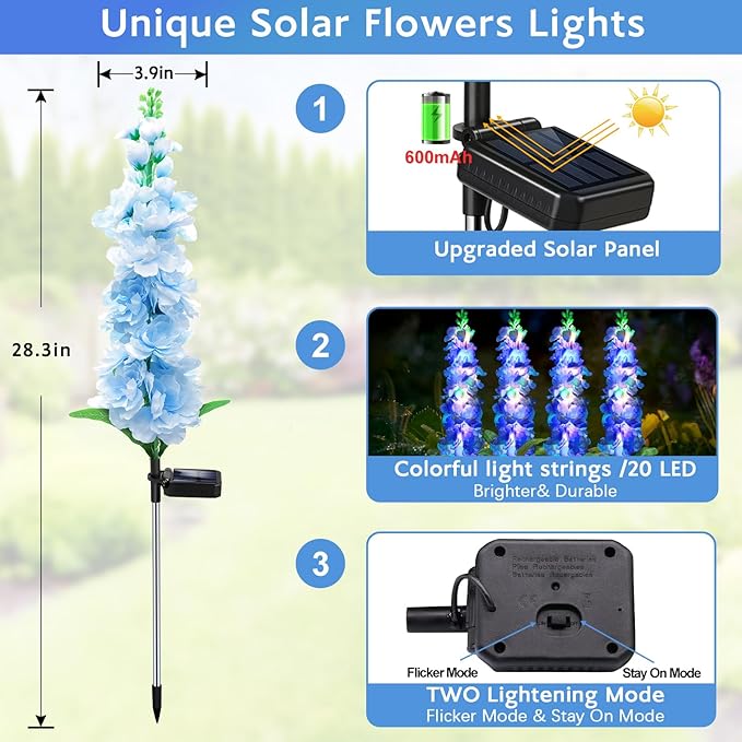 Solar Garden Lights, Solar Blue Delphinium Flowers Lights 4 Pack 80 LEDs, Waterproof Outdoor Light Two Lighting Modes for Outside Wedding Party Garden Yard Patio Lawn Decor
