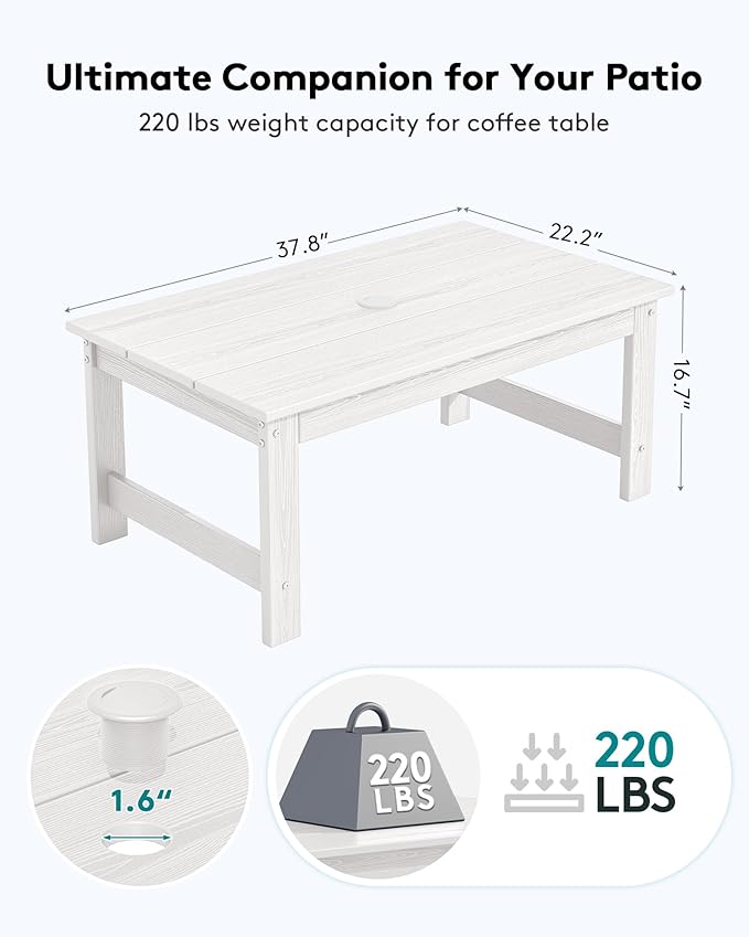 SERWALL HDPE Patio Coffee Table, Rectangle Outdoor Coffee Table, All-Weather Coffee Side Table for Balcony, Poolside, Deck, Garden, White
