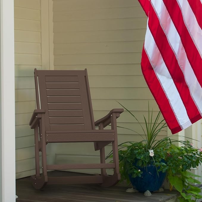 GREENVINES Outdoor Rocking Chairs | Set of 4 | Porch Rocker | HDPE Plastic | Wood Grain | Oversized Rockers | High Back | Big & Tall | Ladder Back | Dark Brown | for Patio Outside