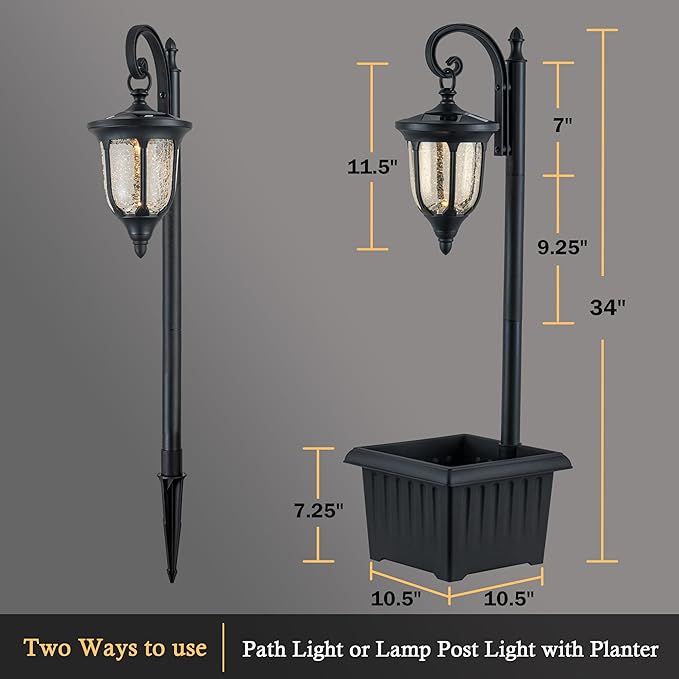 Solar Lamp Post Light with Planter, Outdoor Solar Lights with Crackle Glass, Matte Black Outdoor Flower Pots, 2 in 1 Solar Post Lights Waterproof for Porch Garden Patio