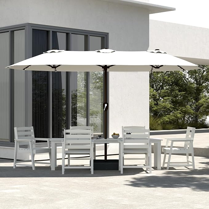 7-Piece White Outdoor Dining Set with White 15FT Large Patio Umbrella, 75.2'' HDPE Table & Chairs for 6, Weather-Resistant Furniture with Umbrella Hole for Patio, Lawn, Poolside