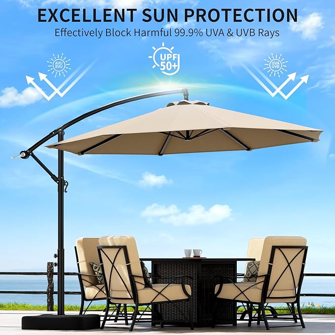 OLILAWN 10ft Patio Umbrella with Base Included, Outdoor Offset Cantilever Umbrella Upgraded Yarn-dyed Fabric Shade, Sturdy 8 Rids,360 Degree Rotation & Easy Tilt Adjustment, for Pool Deck Porch Backyard Garden,Beige