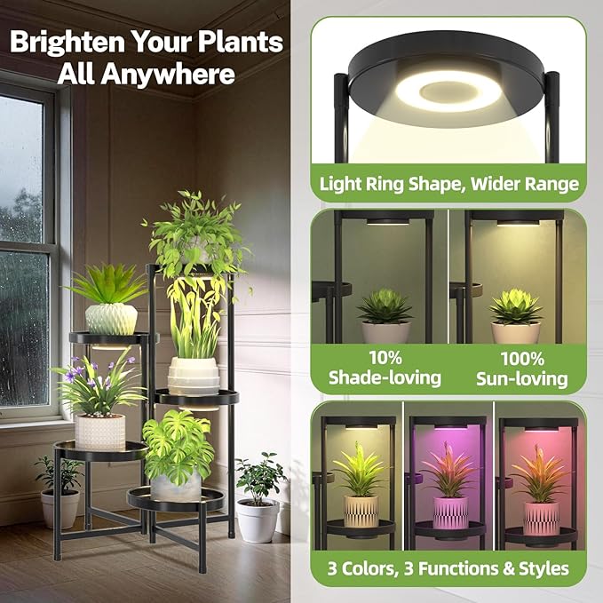 iDavosic.ly 5 Tier Large Plant Stand Indoor with Grow Light, Tiered Corner Metal Outdoor Flower Display Holder Shelf with 10 Inch Wide Tray, Folding Tall Rack for Patio Porch Living Room, Black