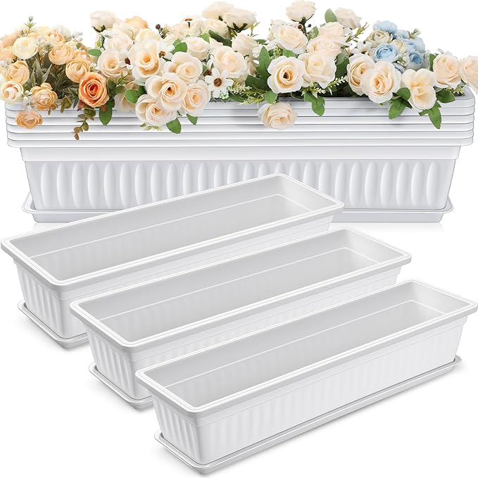 6 Packs 27 Inch Window Flower Box Extra Large Window Sill Herb Garden Long Rectangle Planter Plastic Boxes Outdoor with Drainage Trays for Balcony Windowsill Patio Garden