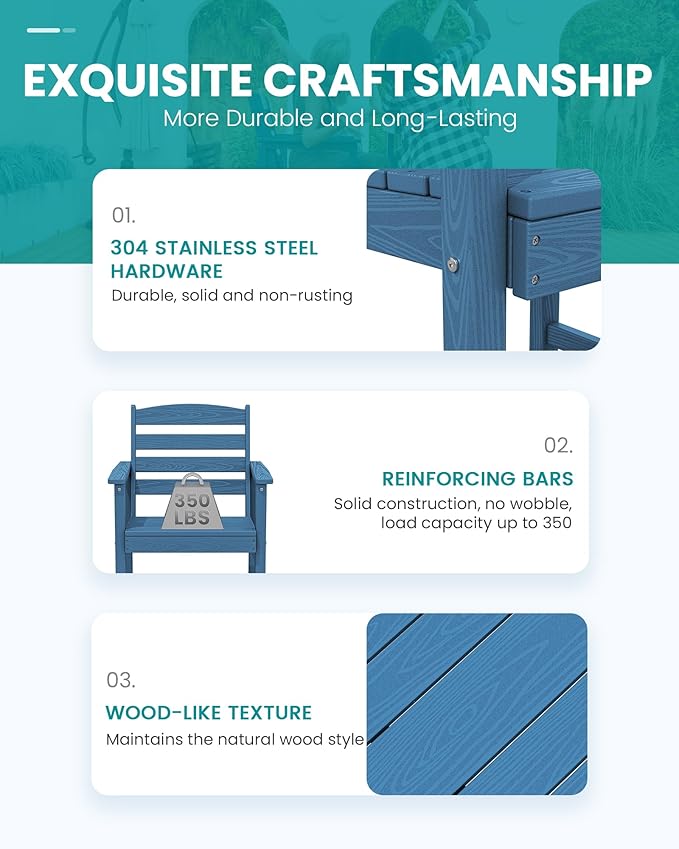 SERWALL Outdoor Bar Table and Chairs Set, Adirondack Bar Chairs Set of 2 and Bar Height Table, All Weather HDPE Patio Bar Set, Outdoor Furniture for Outside, Blue