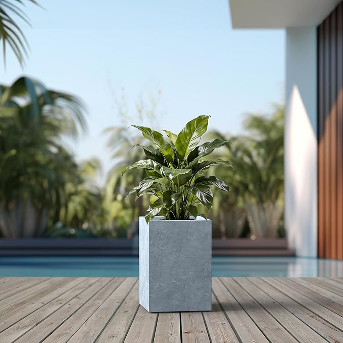 Kante 15.7" H Tall Rectangular Concrete Planters, Outdoor Indoor Lightweight Plant Pots with Drainage Hole and Rubber Plug, Modern Style for Home Garden Patio, Slate Gray