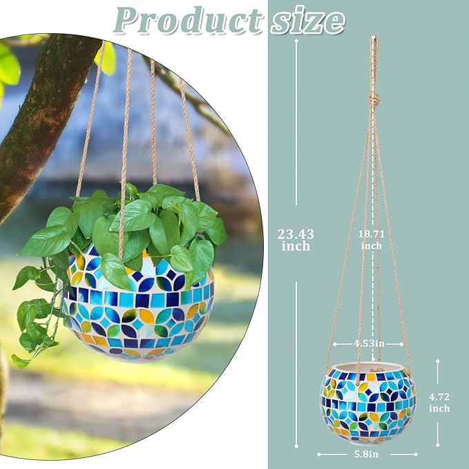 Ceramic Hanging Planter Mosaic Hanging Flower Pot Small Plant Pot for Indoor Plant Disco Ball Planter with Drainage Square Blue