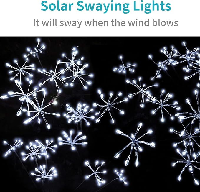 JJGoo Solar Garden Lights, New Upgraded 2 Pack Solar Swaying Starburst Light, Waterproof Fireworks Outdoor Lights, Yard Patio Pathway Decoration, White