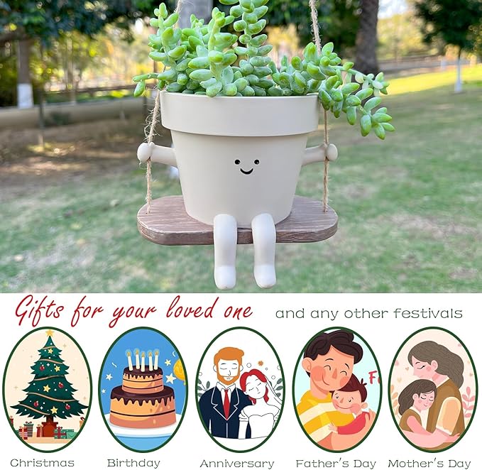 Hanging Planter Swing Face Plant Pot - Cute Resin Head Planters with Drainage Hole Indoor Outdoor Plant Holder, Succulent/String of Pearls Flower Pots, Unique Sitting Sway Pots, Gift Ideas for Mother