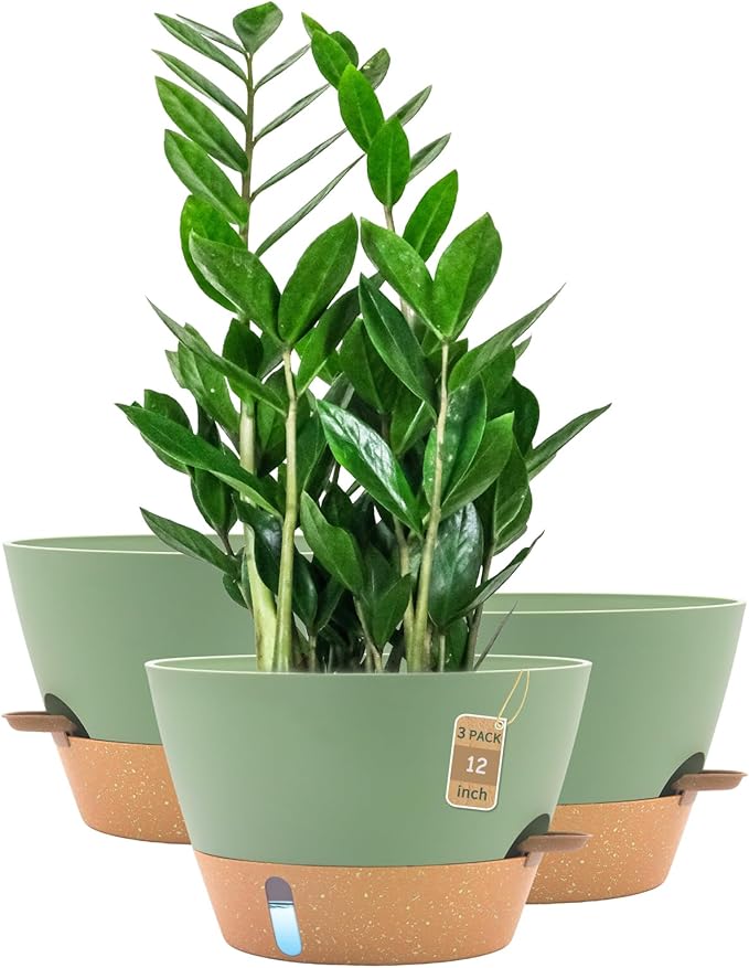 12-Inch Self Watering Planters with Drainage Holes, Large Flower Pots for Indoor Outdoor Plants, Garden Pots Green 3 Pack