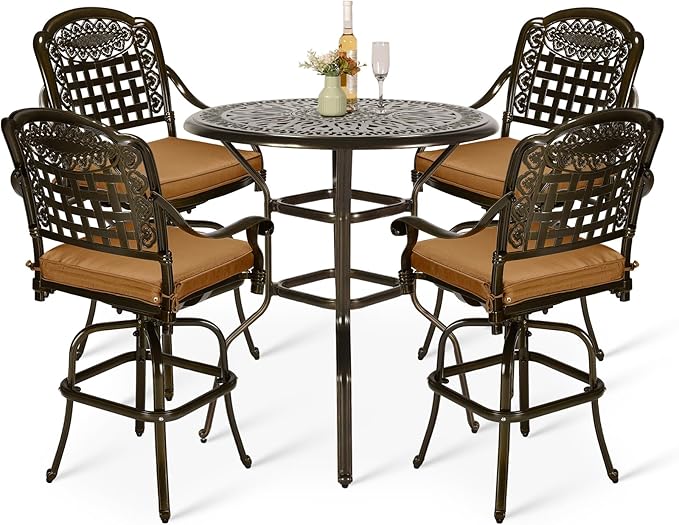 VIVIJASON 5-Piece Patio Swivel Bar Stools Set, All Weather Outdoor Cast Aluminum Bar Height Bistro Set with 4 Cushioned Bar Chairs & 35.4" High Bar Table w/Umbrella Hole for Backyard, Lawn, Garden