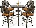 VIVIJASON 5-Piece Patio Swivel Bar Stools Set, All Weather Outdoor Cast Aluminum Bar Height Bistro Set with 4 Cushioned Bar Chairs & 35.4" High Bar Table w/Umbrella Hole for Backyard, Lawn, Garden