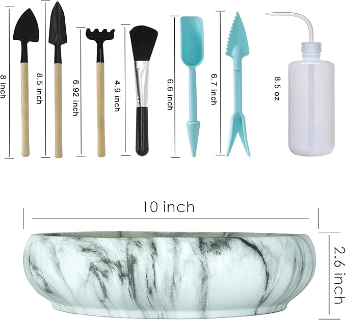 Succulent Pots, 10 Inch Large Succulent Planter Pots with Drainage - Ceramic Marble Bonsai Pot with Stand Shallow Planter for Cactus Flower Plants Plus Succulent Planting Tools Set & 2.2lb Mix Pebbles