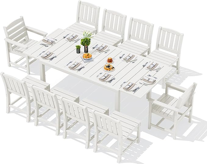 SERWALL 11-Piece Outdoor Dining Set, 60" - 83" Expandable Outdoor Dining Table and 10 HDPE Chairs, All Weather HDPE Outdoor Furniture Set for Backyard, Garden, White