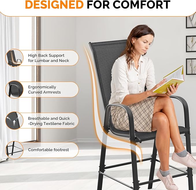 VINGLI Set of 2 Stackable Outdoor Bar Stools – Sling Chairs with High Back & Armrests, for Lawn, Garden, Bar, Black