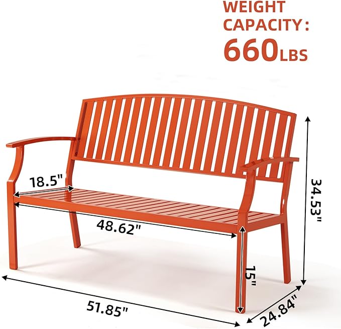 Outdoor Bench Weatherproof Aluminum Patio Garden Bench, Patio Loveseat for Porch Garden Lawn Backyard Park Balcony (Orange)