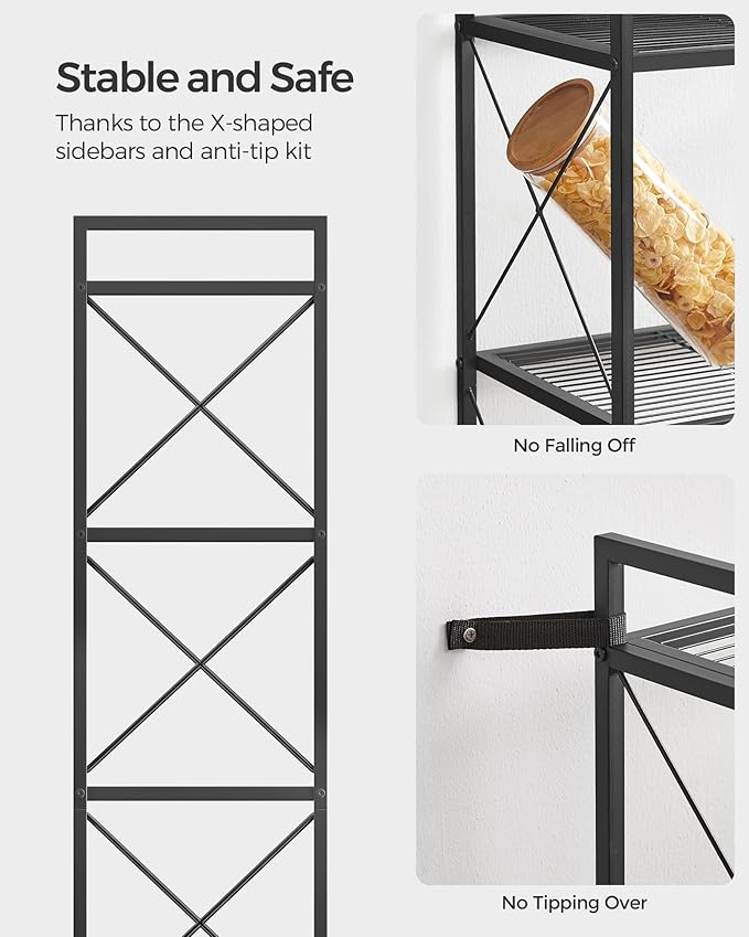 SONGMICS 5-Tier Metal Storage Rack, Shelving Unit with X Side Frames, Dense Mesh, 12.6 x 15.7 x 57.3 Inches, for Entryway, Kitchen, Living Room, Bathroom, Industrial Style, Ink Black UBSC145B01