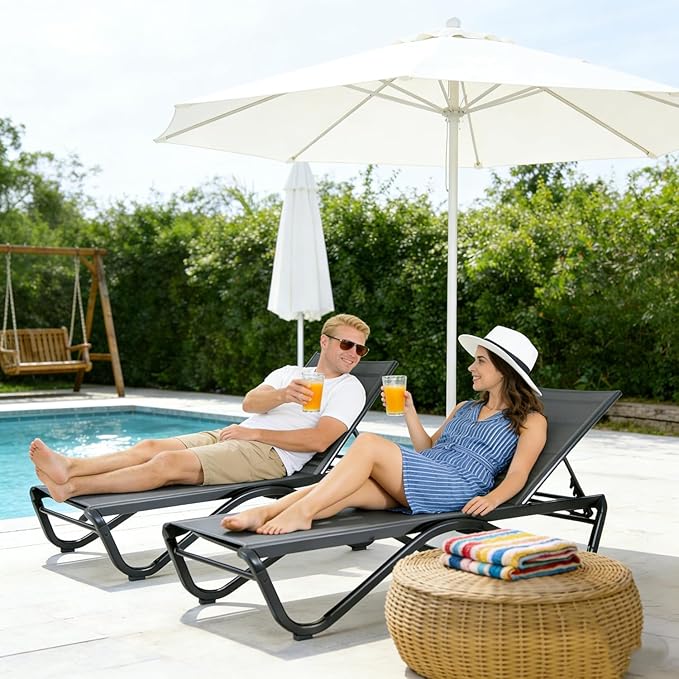 Kozyard Outdoor Chaise Lounge Chair, Full Aluminum Frame, Adjustable Reclining Patio Lounger for Poolside, Sunbathing & Backyard, Textilene (Aqua, 2Chairs)