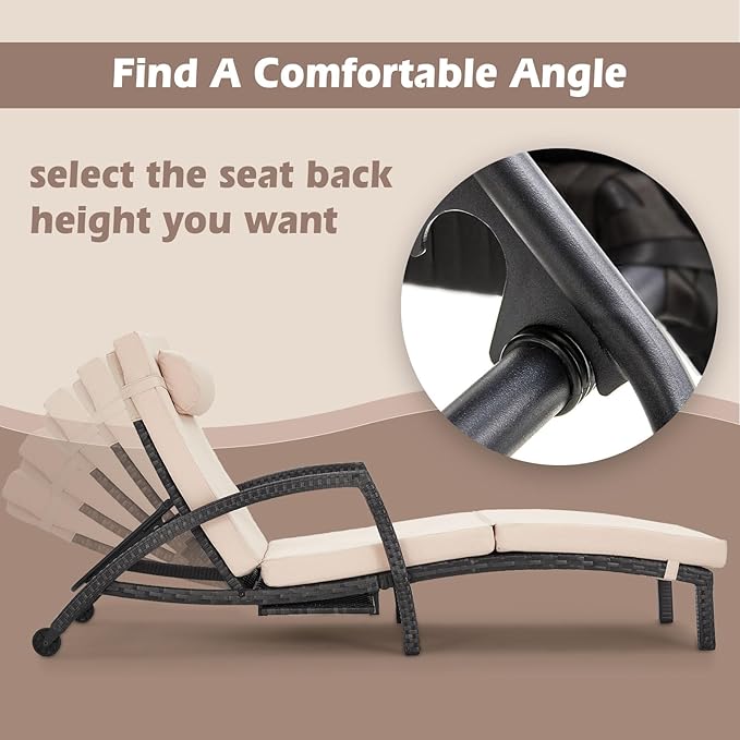 Chaise Lounge Chairs Outdoor Comfy Outside Wicker Patio Pool Lounge Chair w/ 5 Adjustable Back Angle Cup Holder Thicken Cushion (Gray/Khaki, 6 Chairs)