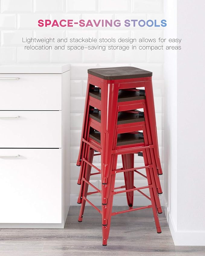 FDW Metal Bar Stools Counter Height Barstool Stackable Barstools Indoor Outdoor Patio Bar Stool Home Kitchen Dining Stool Backless Bar Chair (Red with Wood, 24")