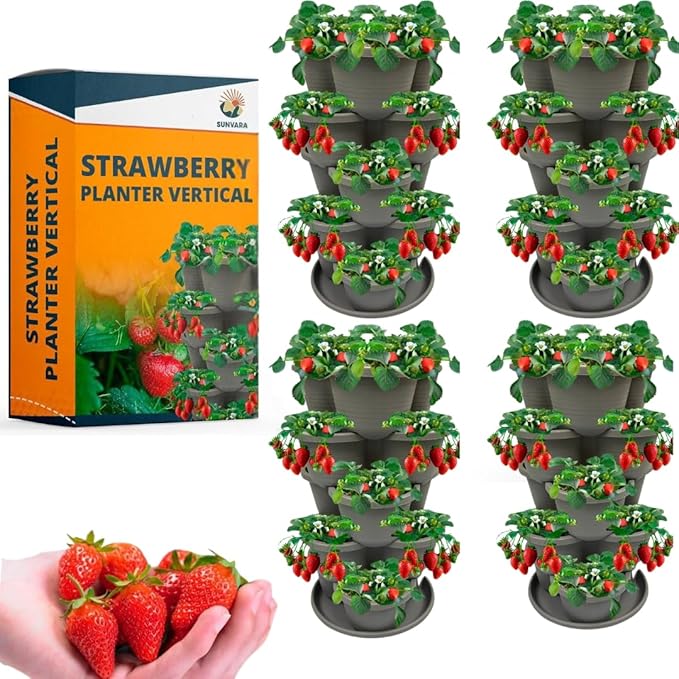SunVara Strawberry Planter Vertical Gardening Stackable Planter Strawberry Tower 5 Tier Herb Outdoor Indoor 4 Pack