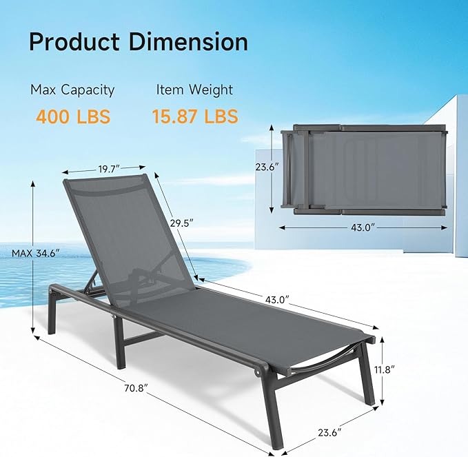 ONBRILL Aluminum Chaise Lounge Chair Outdoor, Foldable & Assembly Free Outdoor Lounge Chair with 5 Position Adjustable Backrest, Patio Pool Lounge Chairs for Outside Poolside Beach Lawn, 1PC, Grey