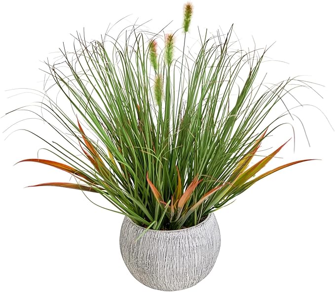 AlphaAcc 16.5" Fake Grass Plant Decorative Faux Greenery in Textured Gray Stripe Planter Lifelike Artificial Potted Plant for Modern Farmhouse Living Room Bedroom Kitchen Office Table Decor