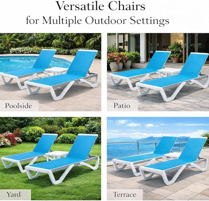 Kozyard Outdoor Chaise Lounge Chair, Full Flat Adjustable Patio Lounger with Aluminum Frame & Resin Legs, Textilene Fabric for Poolside, Backyard & Beach (Aqua/WhiteFrame, Chair Without Table)
