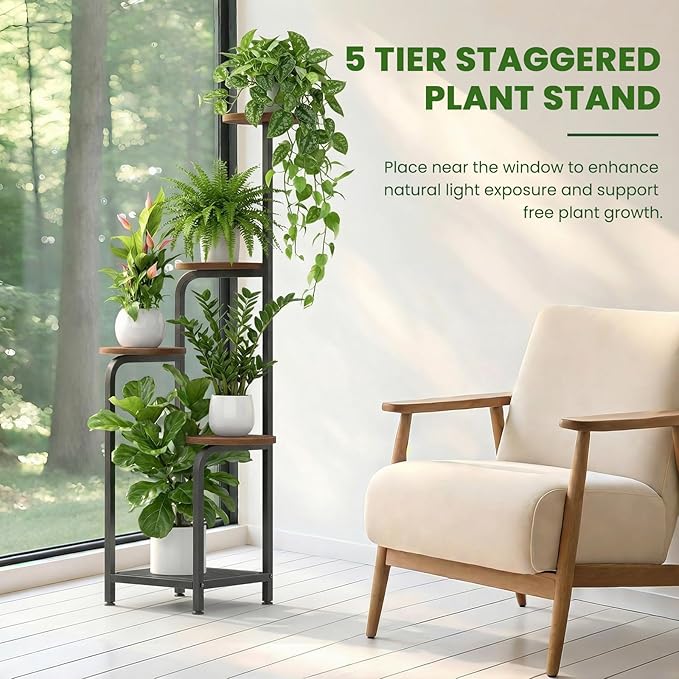 TOSKING 5 Tier Metal Plant Stand Indoor 48''H Tall ,Heavy Duty Plant Shelf , Corner Shelf Flower Pot Stand for Outdoor Plant Stand for Living Room Balcony Garden Patio Bedroom (5 Tier-Brown)