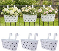 Railing planter box - 3 Pack Metal Hanging Flower Pots with Detachable Hooks & Drainage Holes, Window Oval Bucket Fence Hanging Planters for Outdoor Plants Garden Balcony Home Decor, White with Spot