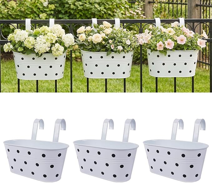 Railing planter box - 3 Pack Metal Hanging Flower Pots with Detachable Hooks & Drainage Holes, Window Oval Bucket Fence Hanging Planters for Outdoor Plants Garden Balcony Home Decor, White with Spot