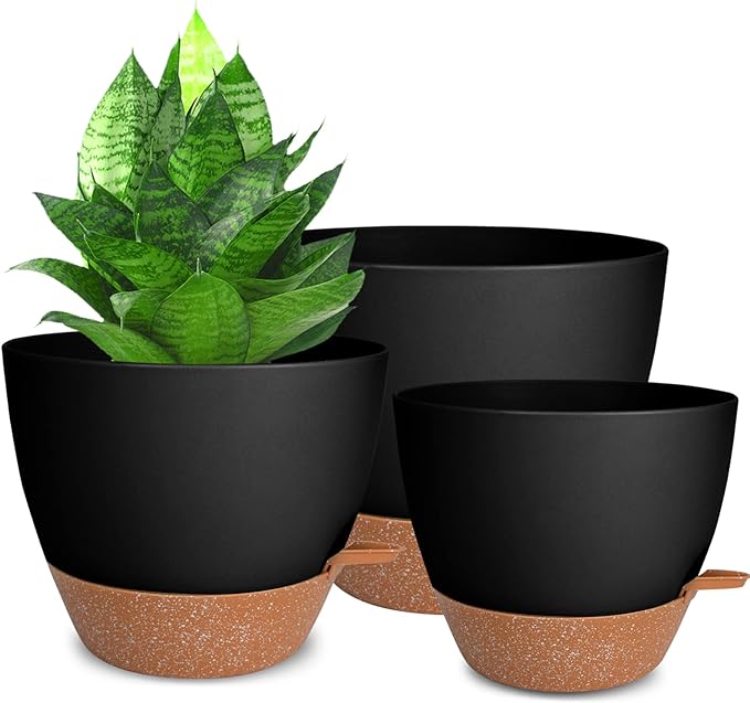 Planters for Indoor Plants 3 Pack, 10/9/8 Inch Self Watering Flower Pots with Drainage Hole, Plastic Large Plant Pots (Black)