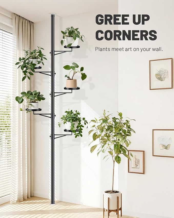 Tension Rod Plant Stand, 5 Tier Tension Pole Plant Stand with 5 Metal Trays, Plant Poles for Hanging Plants Indoor, Floor to Ceiling Plant Pole Hanging Plant Stand