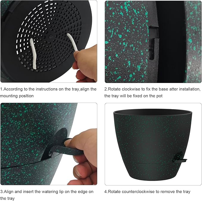 12 Inch Large Self Watering Pots, Flower Pots with Multi-Mesh Drainage Holes and Saucer, Planters for Indoor and Outdoor Garden Plants (Black with Green Speckles)